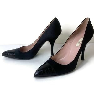 Prada Black Satin & Croc Embossed Leather Pumps Size 38.5 / 8.5 Stiletto Heels